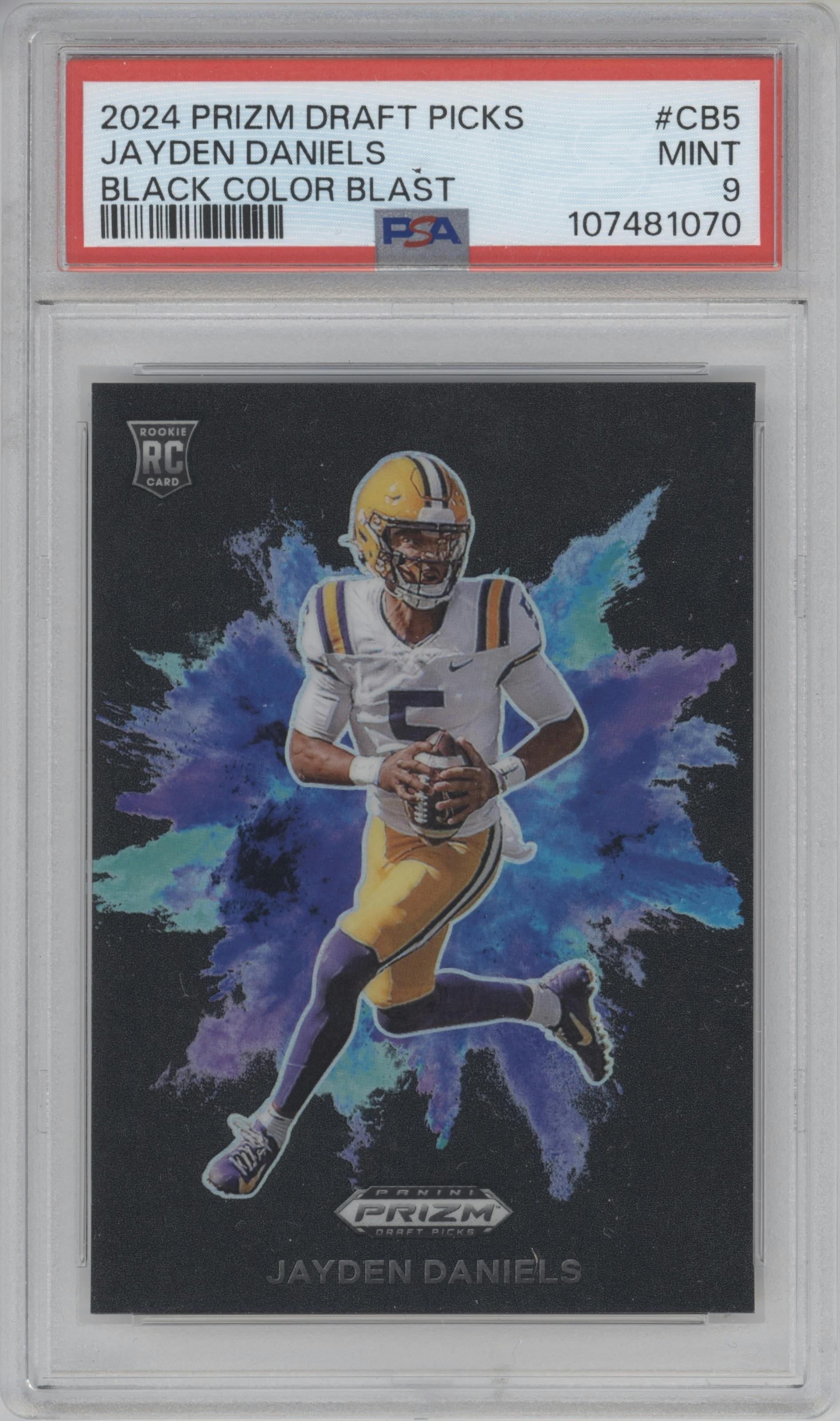 Jayden Daniels from the 2024 Panini Prizm Draft Picks set graded by PSA and given an overall grade of 9.