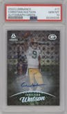 Christian Watson from the 2023 Panini Luminance set featuring a Green parallel graded by PSA and given an overall grade of 10.