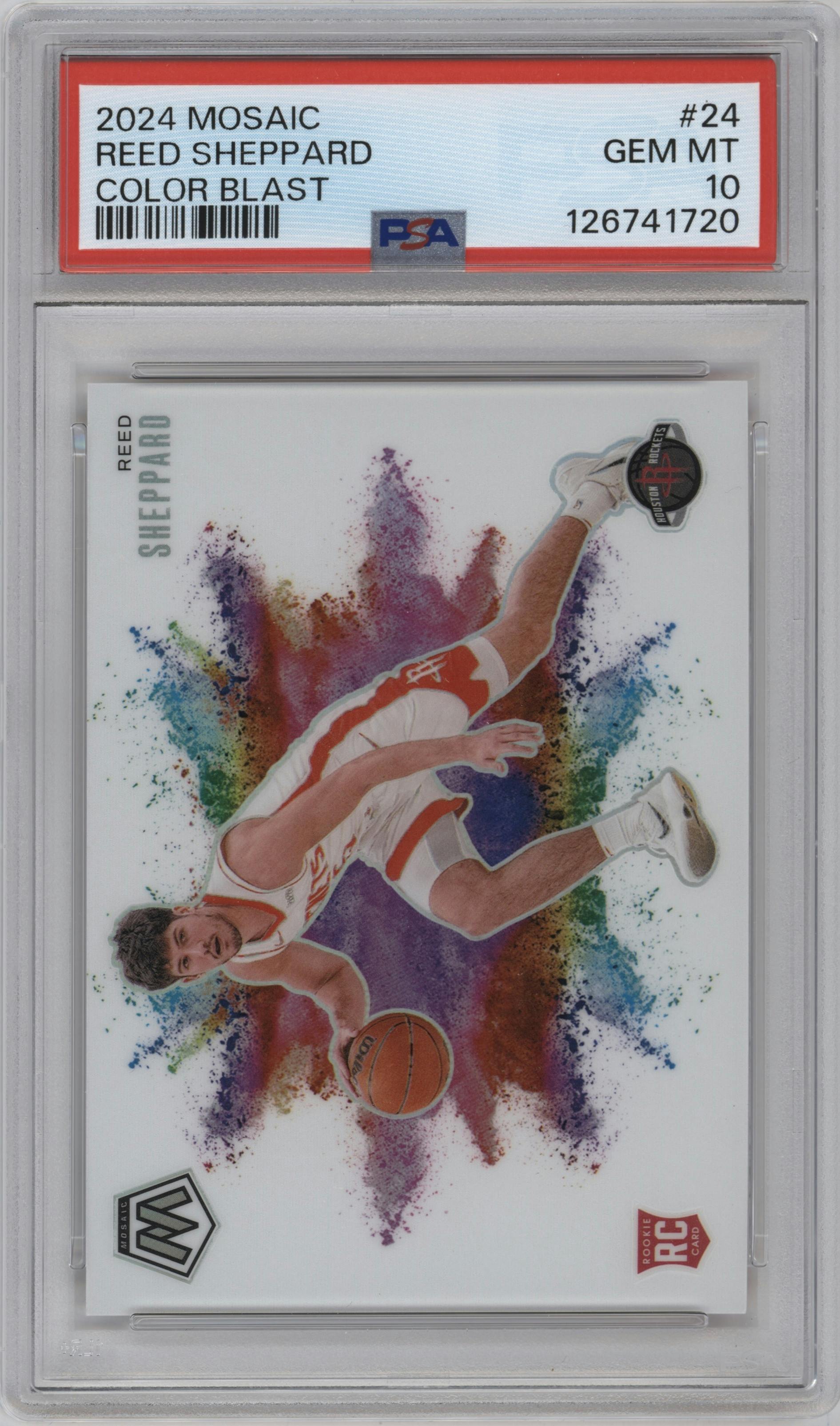 Reed Sheppard from the 2024-25 Panini Mosaic set graded by PSA and given an overall grade of 10.