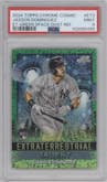 Jasson Dominguez from the 2024 Topps Cosmic Chrome set featuring a Green Space Dust Refractor parallel graded by PSA and given an overall grade of 9.