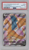 Charizard V from the 2020 Pokemon SWSH set featuring a Champion's Path ETB parallel graded by PSA and given an overall grade of 10.