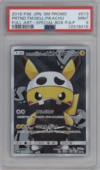Team Skull Pikachu from the 2016 Pokemon S&M JPN  set featuring a Bad Guy Pikachu Box Sets at Pokemon Centers parallel graded by PSA and given an overall grade of 9.