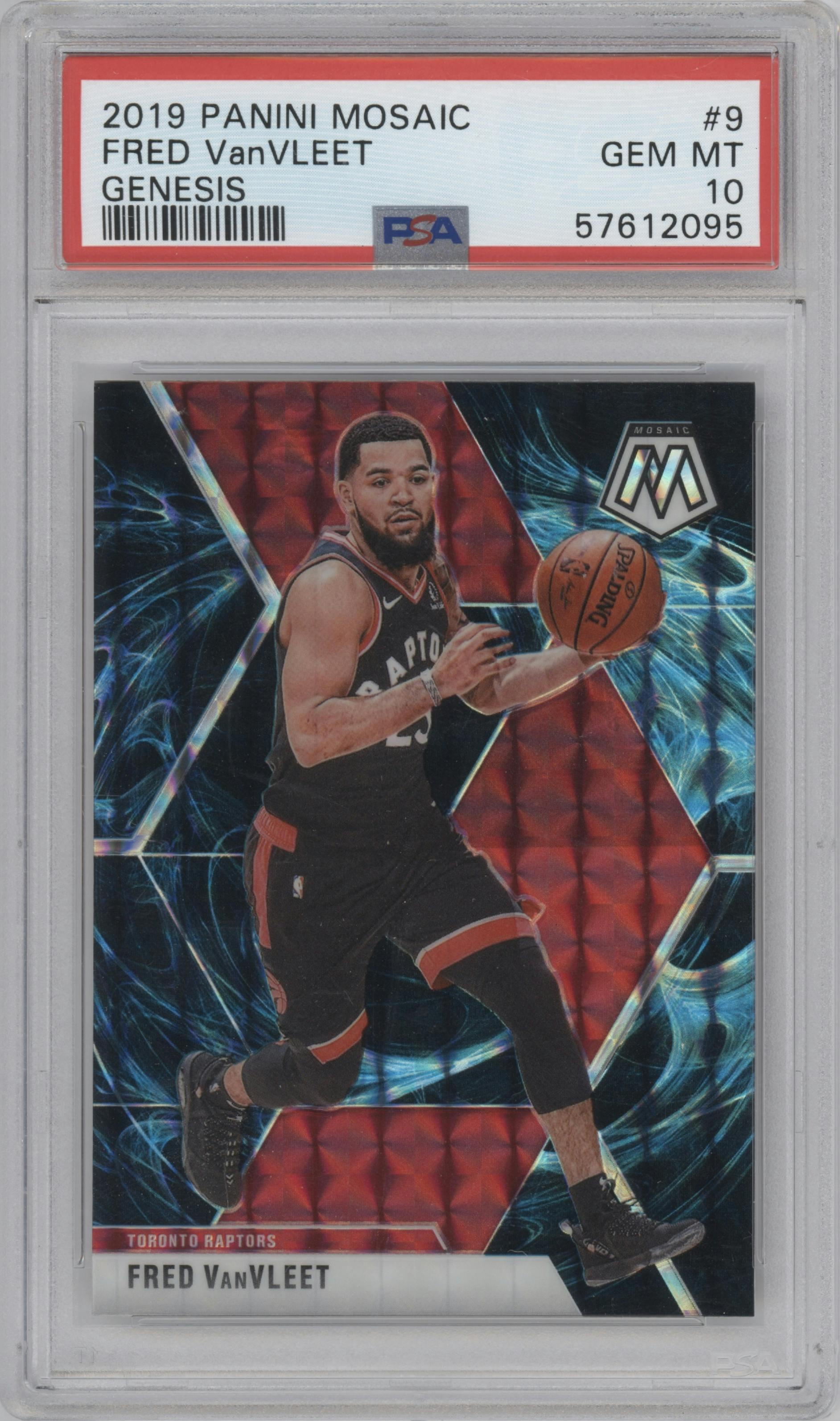 Fred VanVleet from the 2019-20 Panini Mosaic  set featuring a Genesis parallel graded by PSA and given an overall grade of 10.