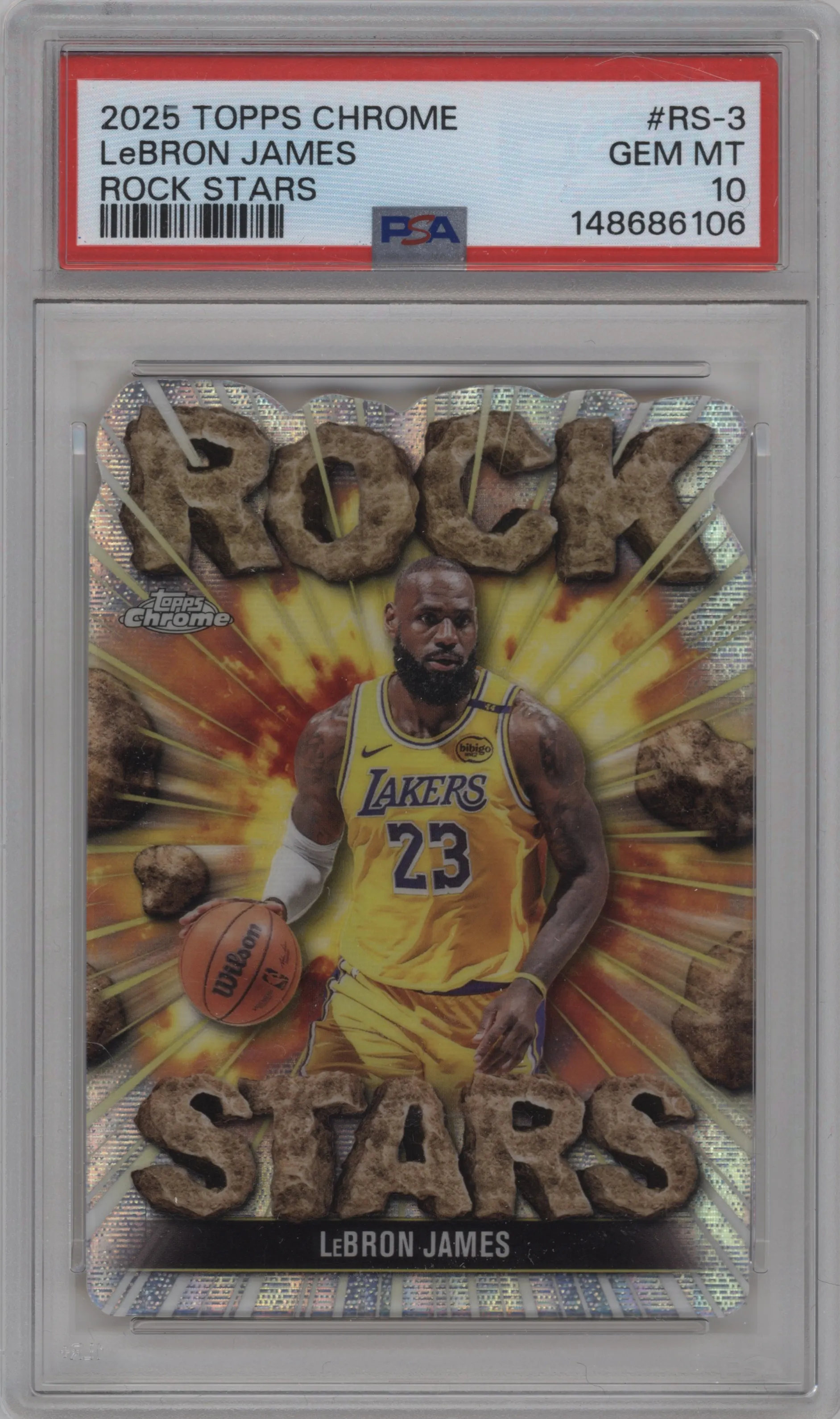 LeBron James from the 2025-26 Topps Chrome set graded by PSA and given an overall grade of 10.