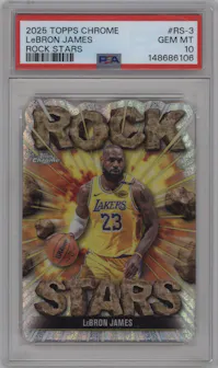 LeBron James from the 2025-26 Topps Chrome set graded by PSA and given an overall grade of 10.