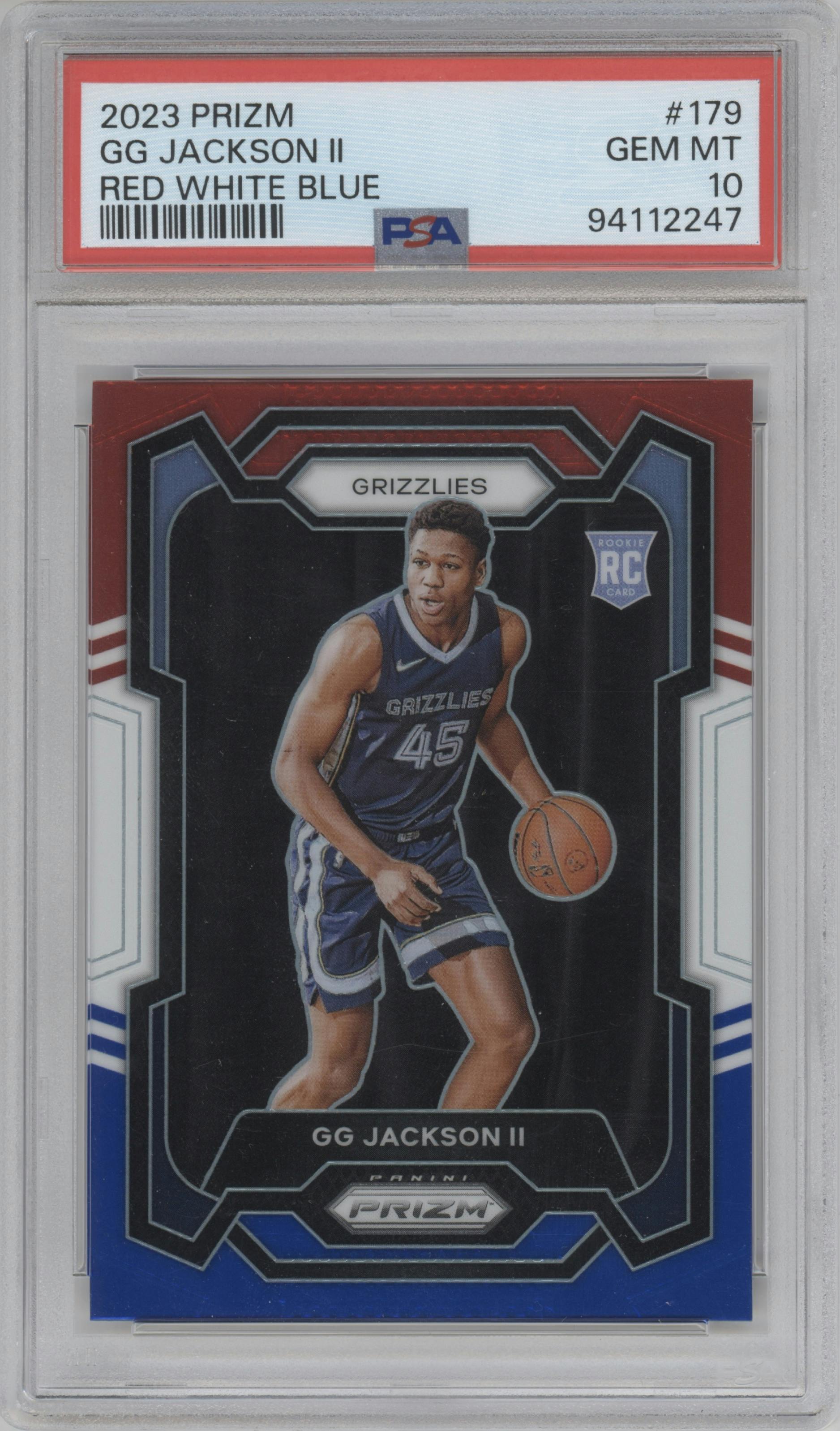 GG Jackson II from the 2023-24 Panini Prizm set featuring a Red White Blue Prizm parallel graded by PSA and given an overall grade of 10.