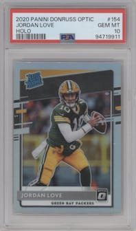 Jordan Love from the 2020 Panini Donruss Optic set featuring a Holo parallel graded by PSA and given an overall grade of 10.