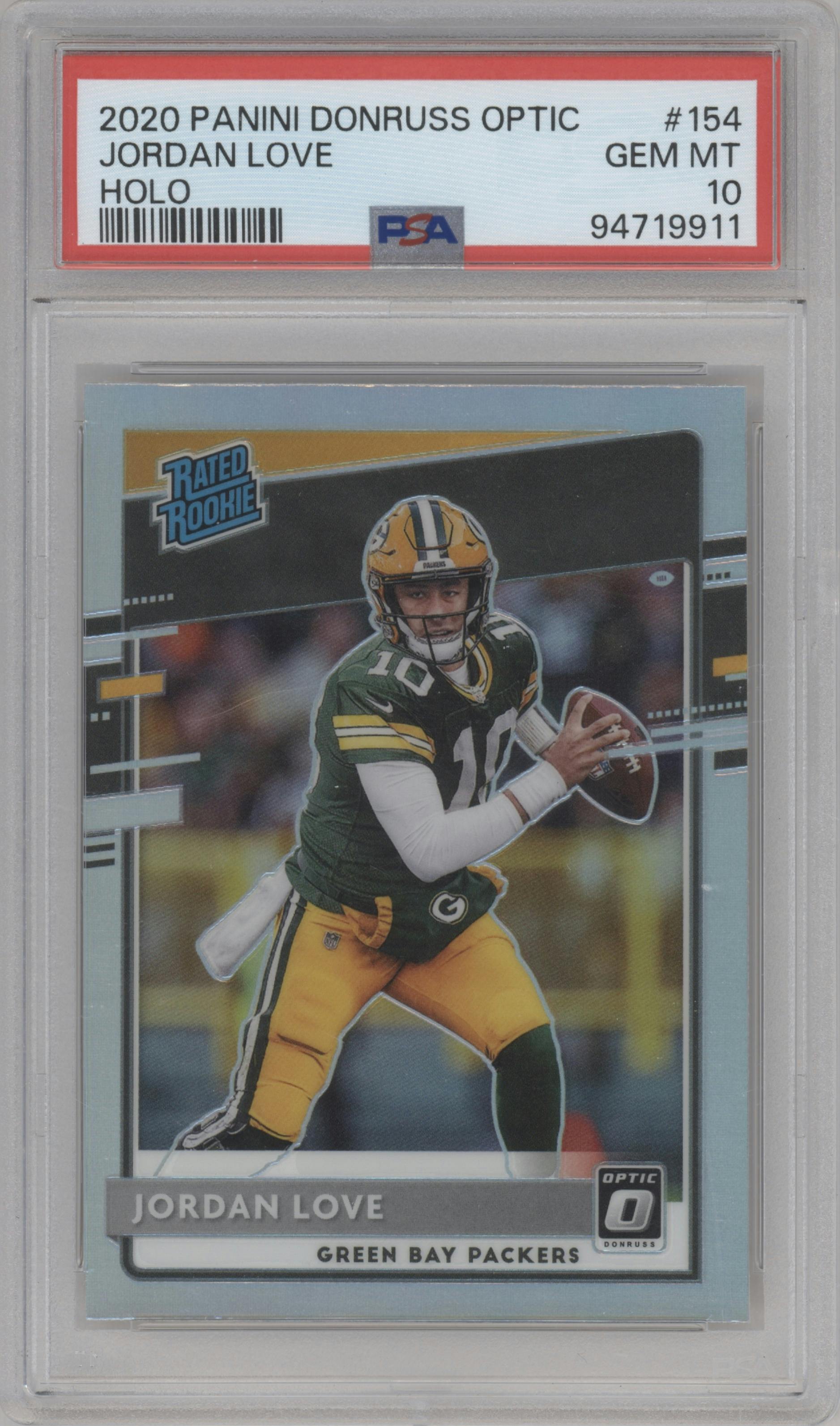 Jordan Love from the 2020 Panini Donruss Optic set featuring a Holo parallel graded by PSA and given an overall grade of 10.