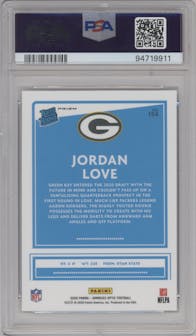 Jordan Love from the 2020 Panini Donruss Optic set featuring a Holo parallel graded by PSA and given an overall grade of 10.