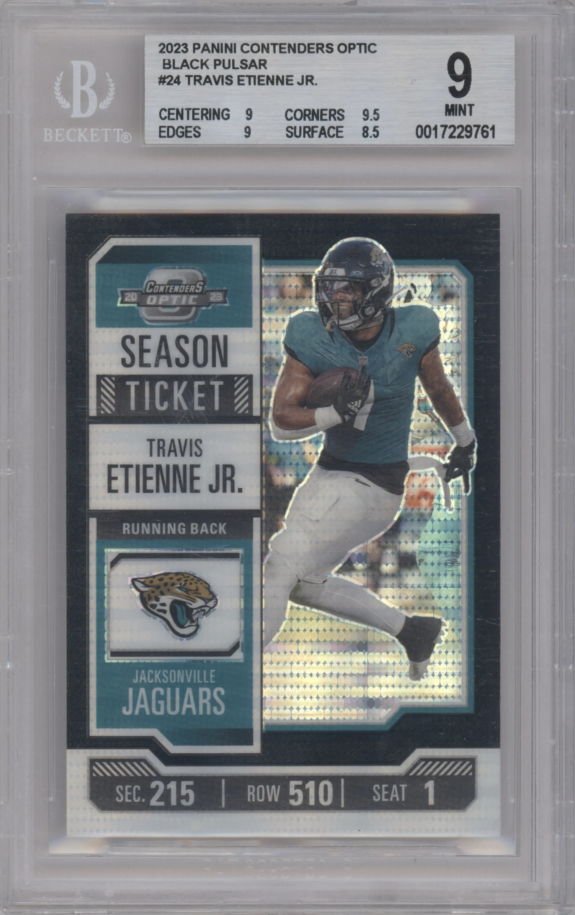 2023 Panini Contenders Optic Travis Etienne Jr. Black Pulsar #24 BGS 9