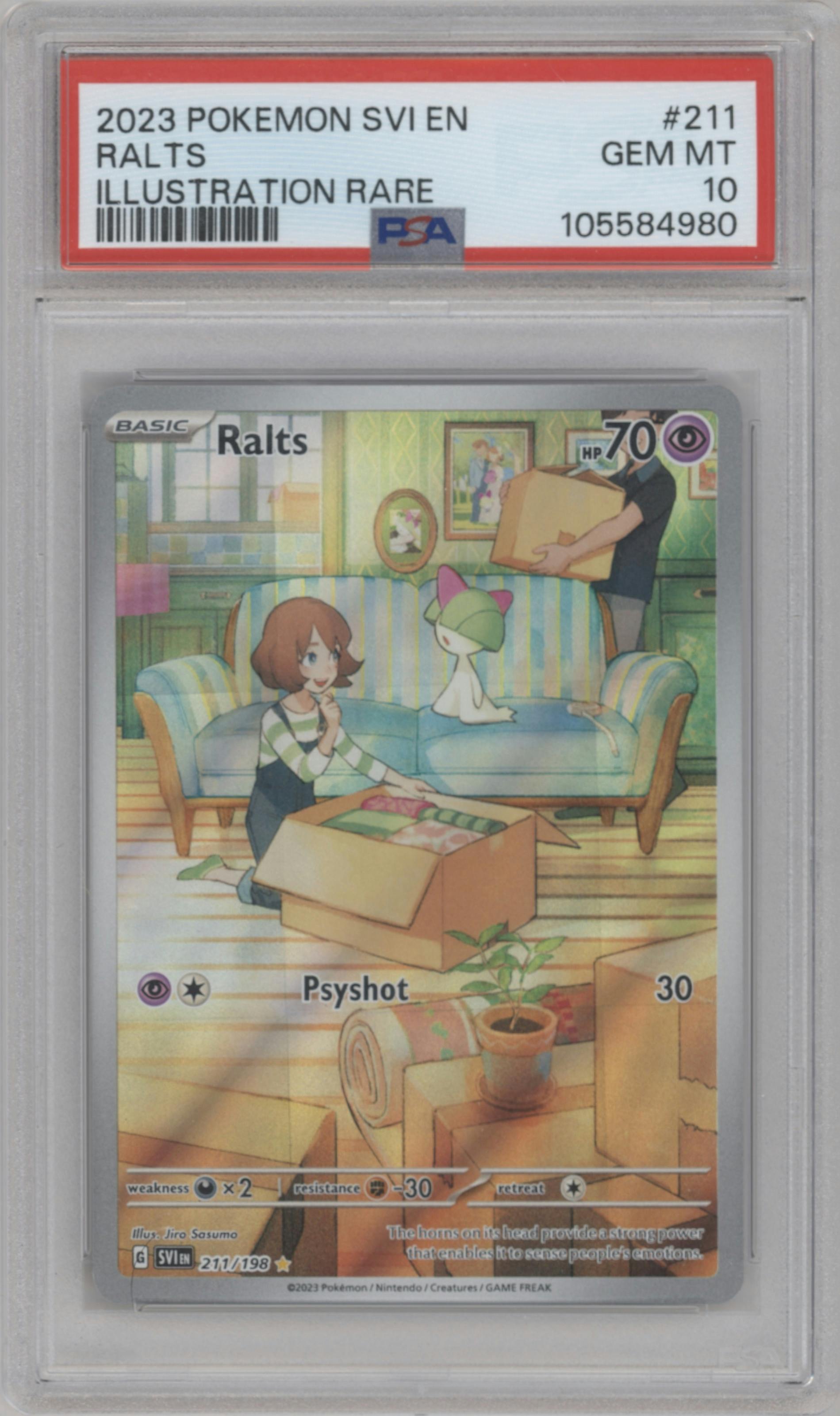 Ralts from the 2023 Pokemon SV set graded by PSA and given an overall grade of 10.