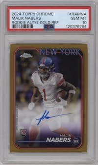 Malik Nabers from the 2024 Topps Chrome set featuring a Gold Refractor parallel graded by PSA and given an overall grade of 10.