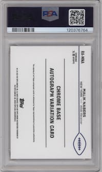 Malik Nabers from the 2024 Topps Chrome set featuring a Gold Refractor parallel graded by PSA and given an overall grade of 10.