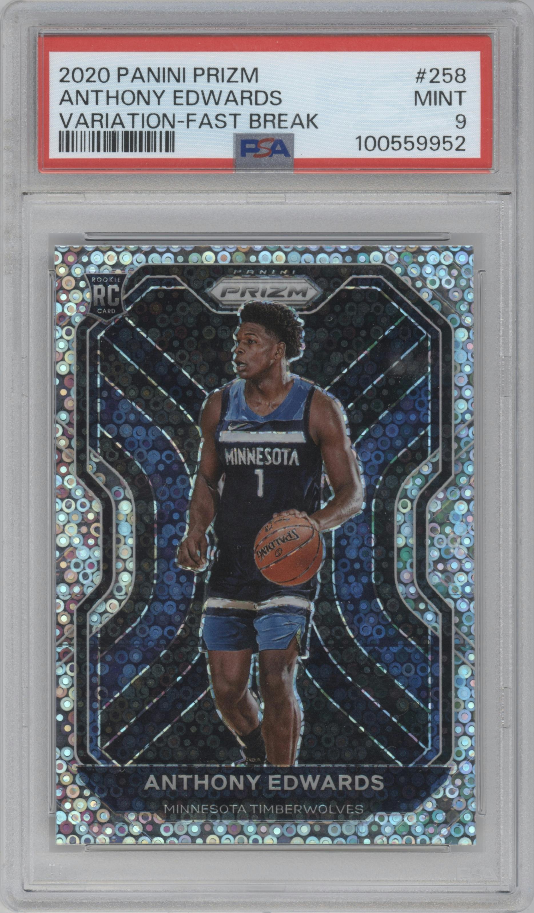 Anthony Edwards from the 2020-21 Panini Prizm set featuring a Fast Break Prizm parallel graded by PSA and given an overall grade of 9.
