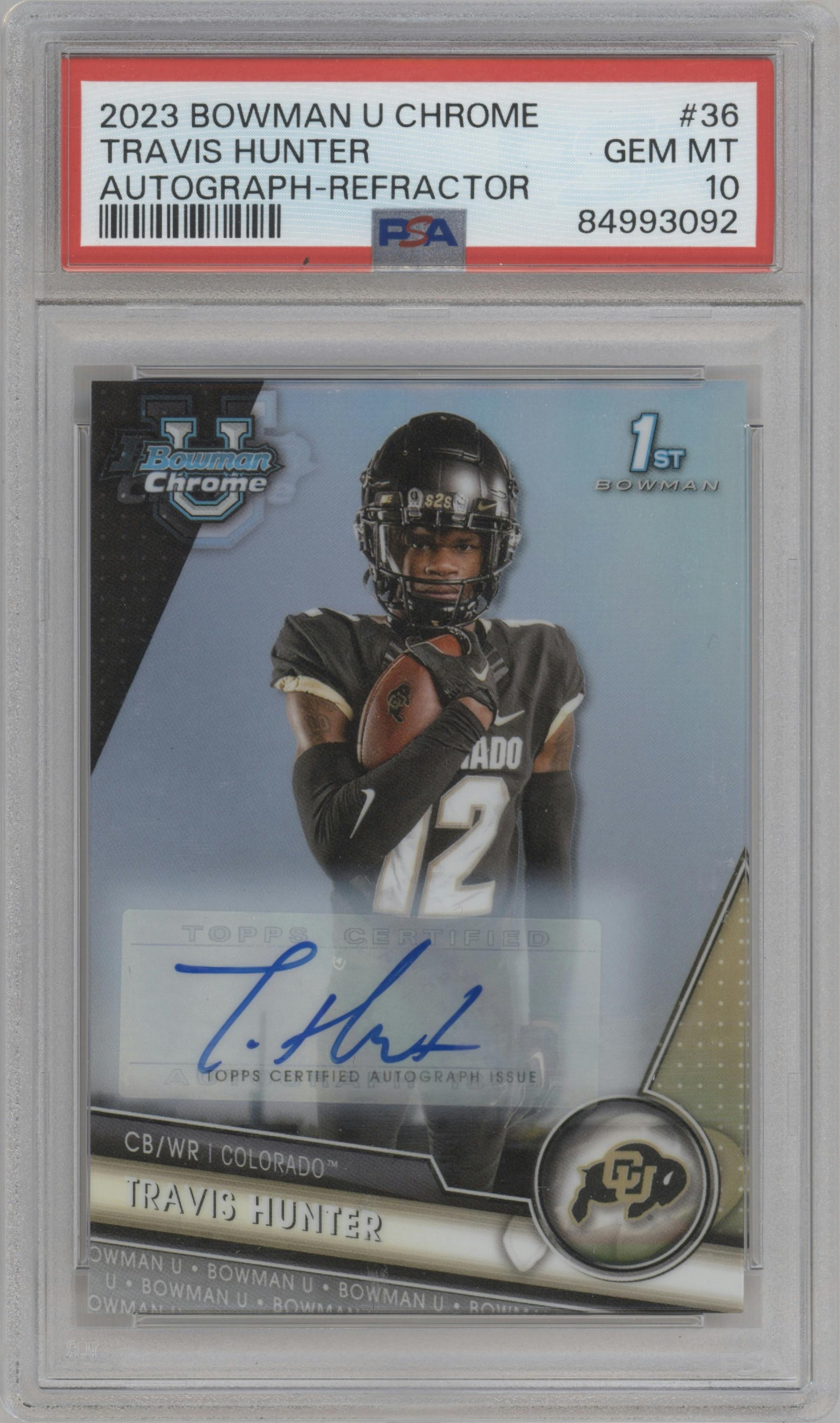 Travis Hunter from the 2023 Bowman Chrome University set featuring a Refractor parallel graded by PSA and given an overall grade of 10.