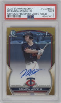 Brandon Winokur from the 2023 Bowman Draft set featuring a Gold Refractor parallel graded by PSA and given an overall grade of 9.