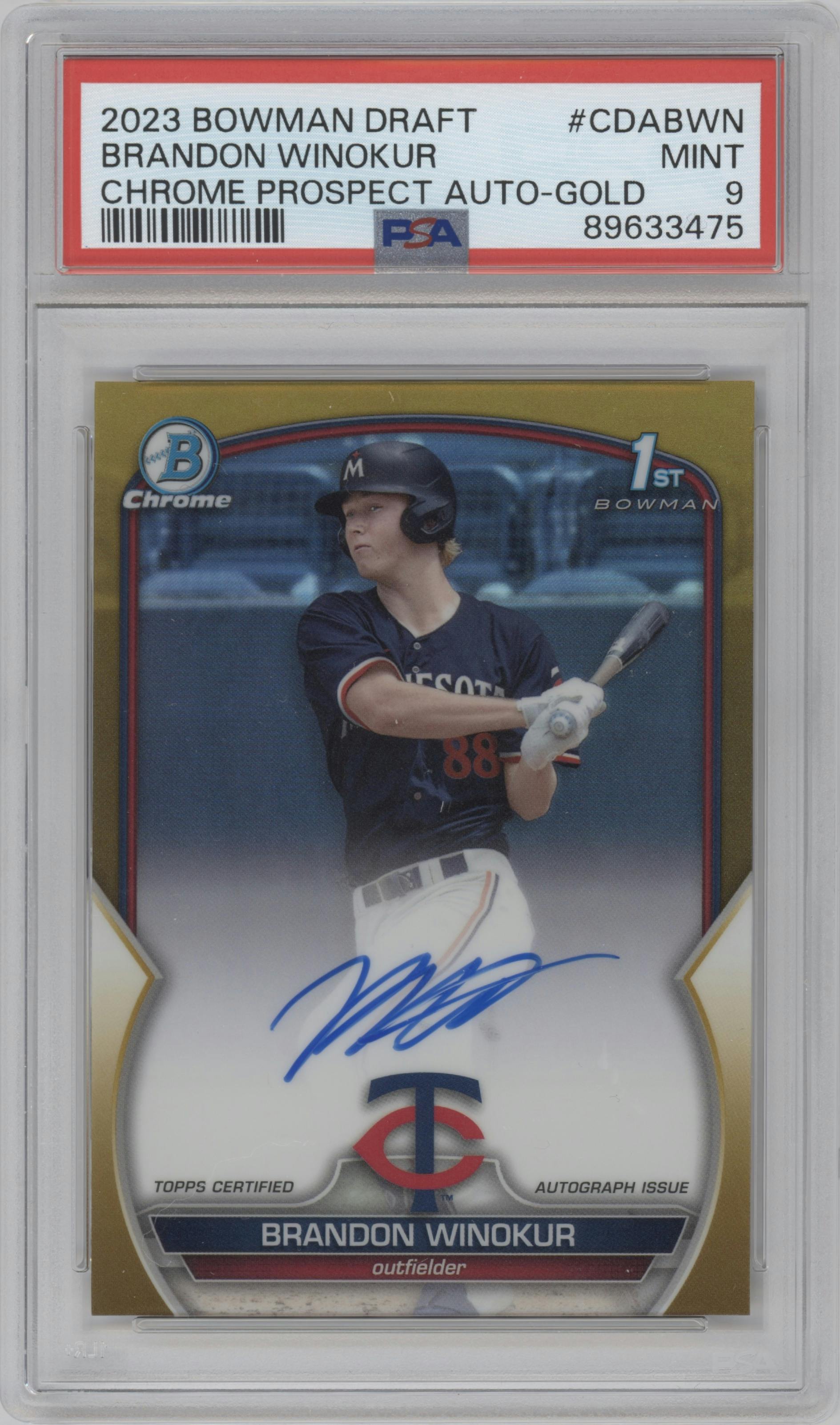 Brandon Winokur from the 2023 Bowman Draft set featuring a Gold Refractor parallel graded by PSA and given an overall grade of 9.