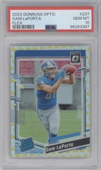 Sam LaPorta from the 2023 Donruss Optic set featuring a Flex parallel graded by PSA and given an overall grade of 10.