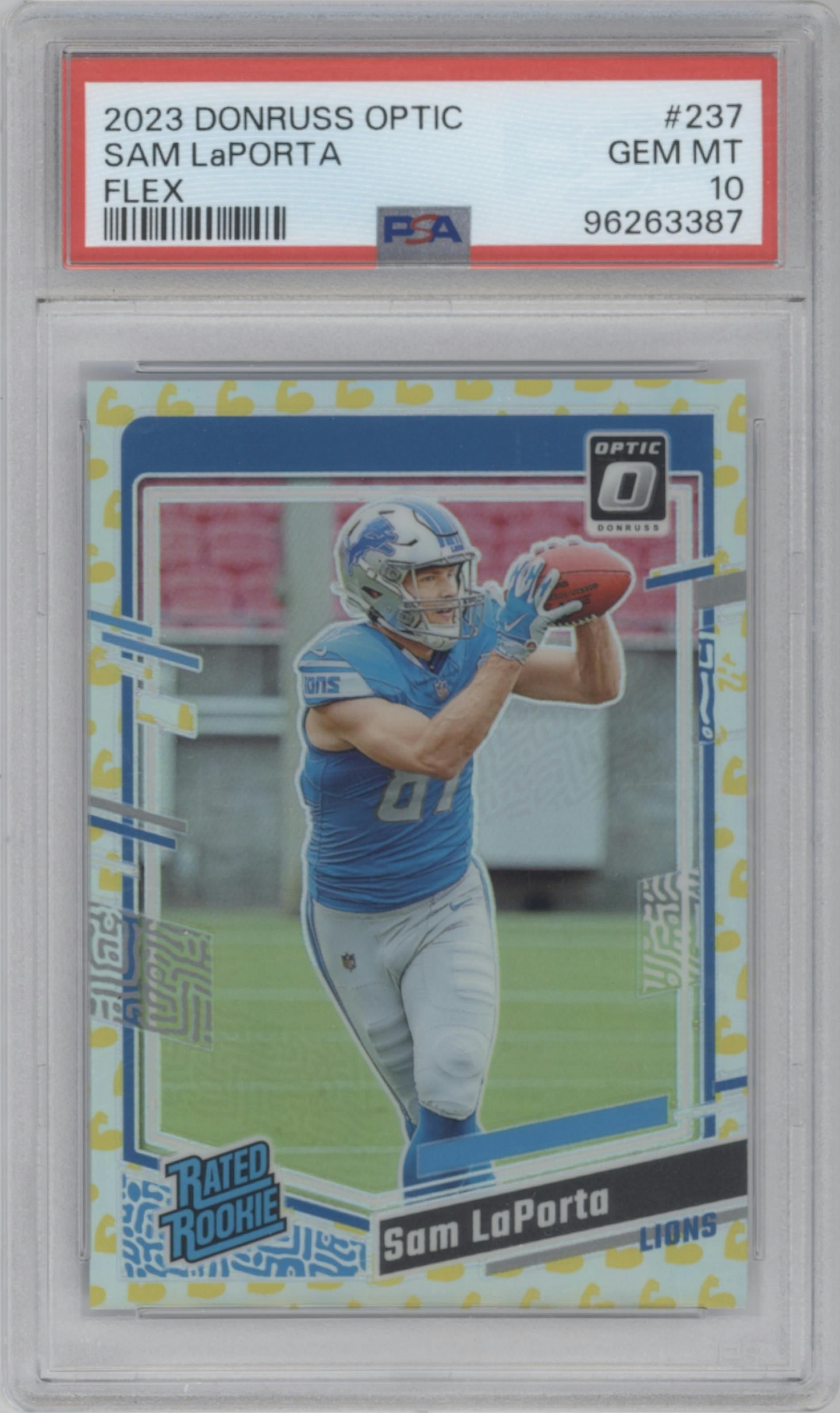 Sam LaPorta from the 2023 Donruss Optic set featuring a Flex parallel graded by PSA and given an overall grade of 10.