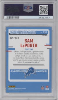 Sam LaPorta from the 2023 Donruss Optic set featuring a Flex parallel graded by PSA and given an overall grade of 10.