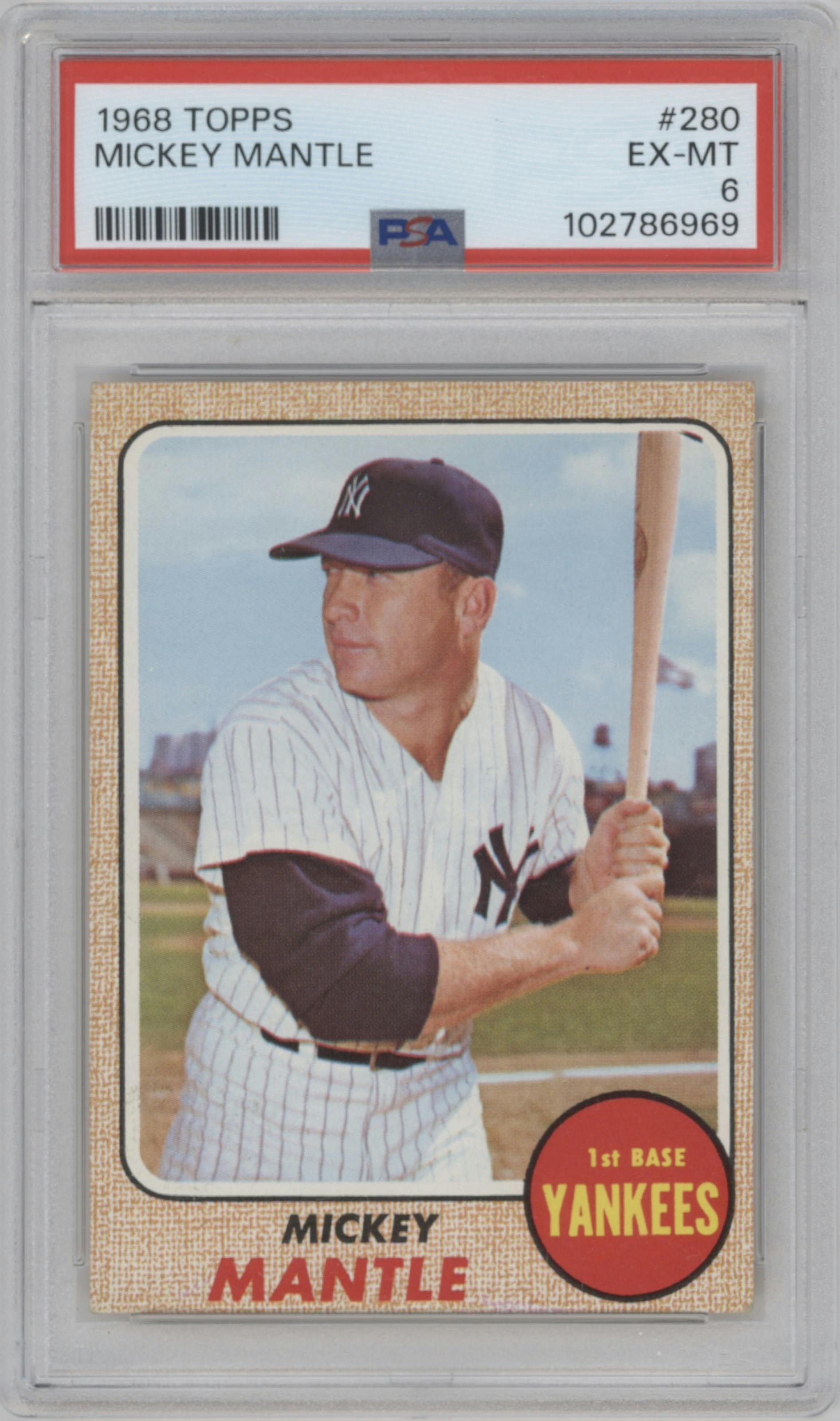 Mickey Mantle  from the 1968 Topps set graded by PSA and given an overall grade of 6.