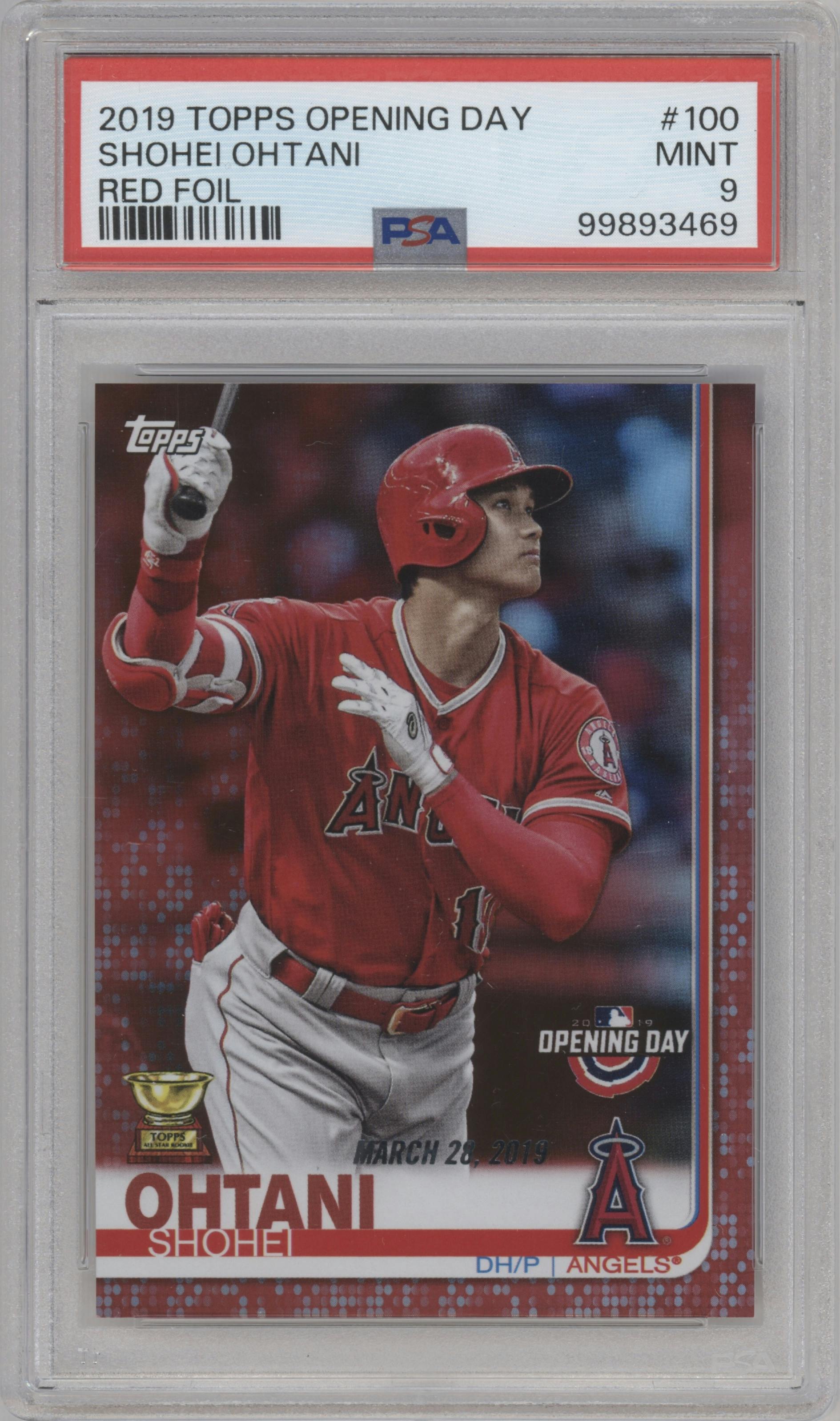 Shohei Ohtani from the 2019 Topps Opening Day set featuring a Red Foil parallel graded by PSA and given an overall grade of 9.