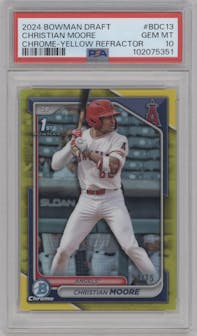 Christian Moore from the 2024 Bowman Draft set featuring a Yellow Refractor parallel graded by PSA and given an overall grade of 10.