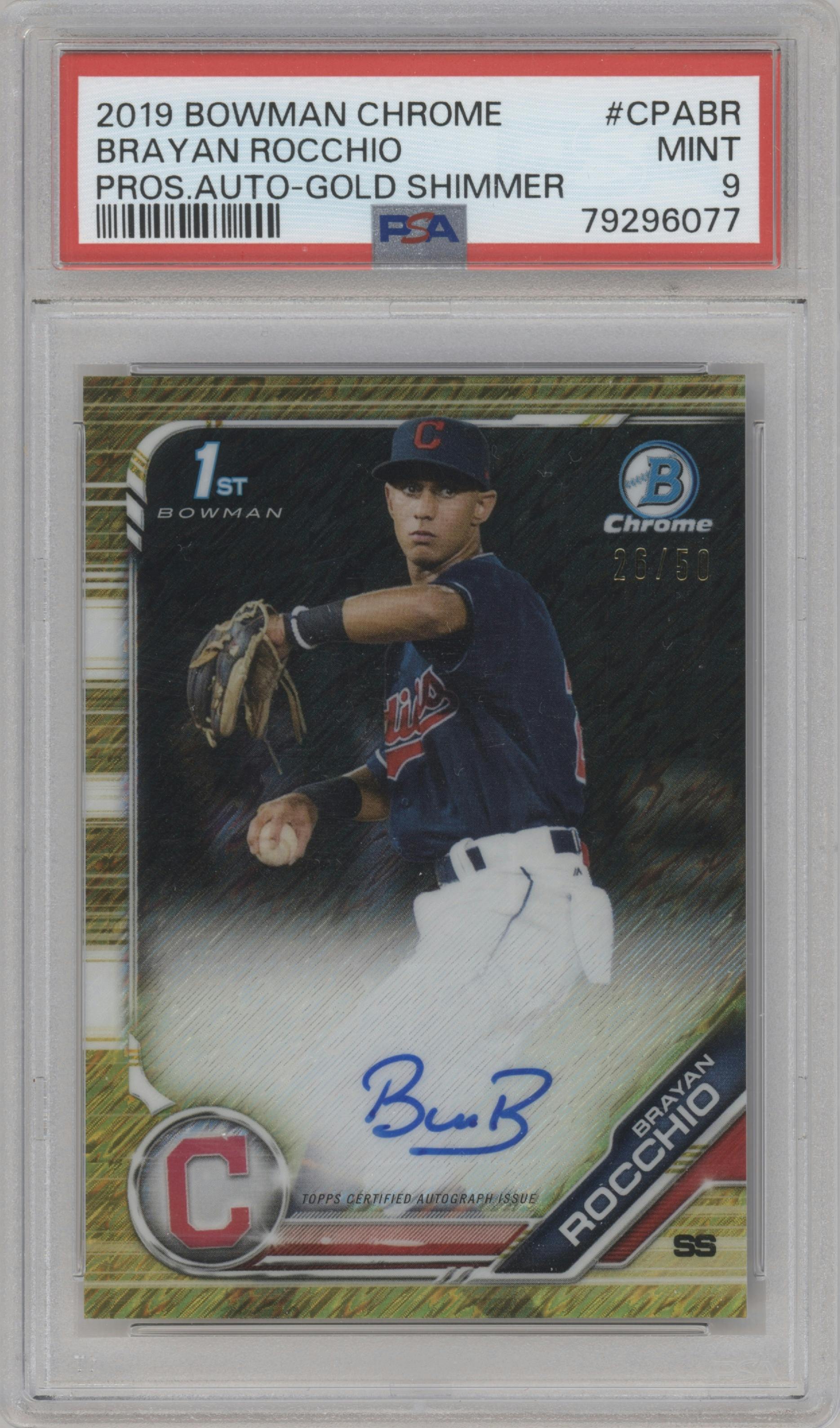 Brayan Rocchio from the 2019 Bowman Chrome set featuring a HTA Gold Shimmer Refractor parallel graded by PSA and given an overall grade of 9.