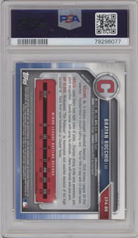 Brayan Rocchio from the 2019 Bowman Chrome set featuring a HTA Gold Shimmer Refractor parallel graded by PSA and given an overall grade of 9.