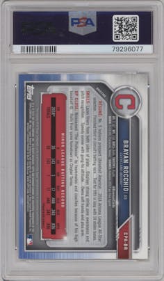 Brayan Rocchio from the 2019 Bowman Chrome set featuring a HTA Gold Shimmer Refractor parallel graded by PSA and given an overall grade of 9.