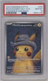 Pikachu with Grey Felt Hat from the 2023 Pokemon SV set featuring a Pokemon x Van Gogh parallel graded by PSA and given an overall grade of 10.