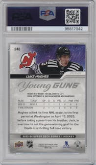 Luke Hughes from the 2023-24 Upper Deck Series 1 set graded by PSA and given an overall grade of 10.
