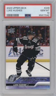 Luke Hughes from the 2023-24 Upper Deck Series 1 set graded by PSA and given an overall grade of 10.