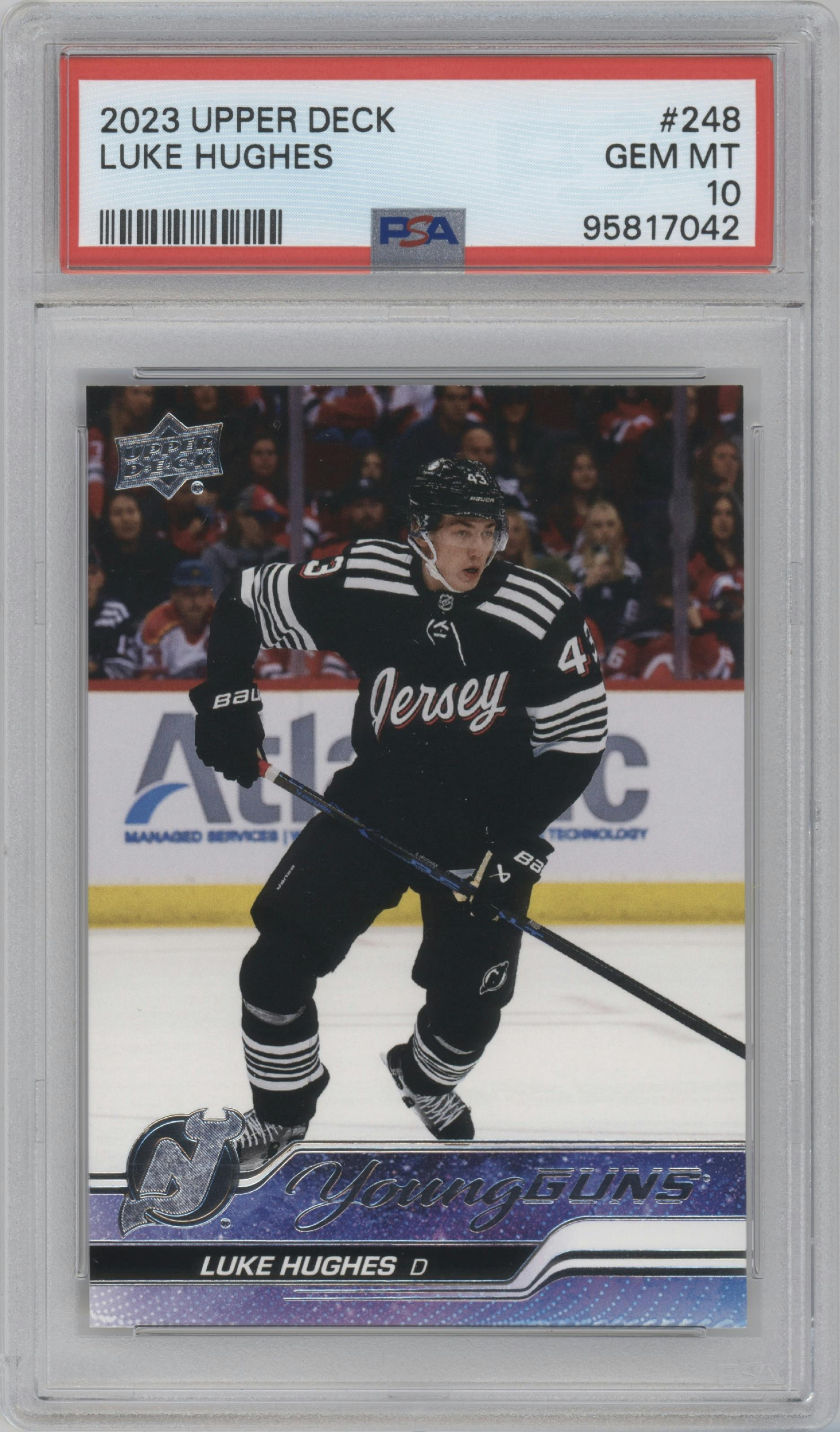 Luke Hughes from the 2023-24 Upper Deck Series 1 set graded by PSA and given an overall grade of 10.