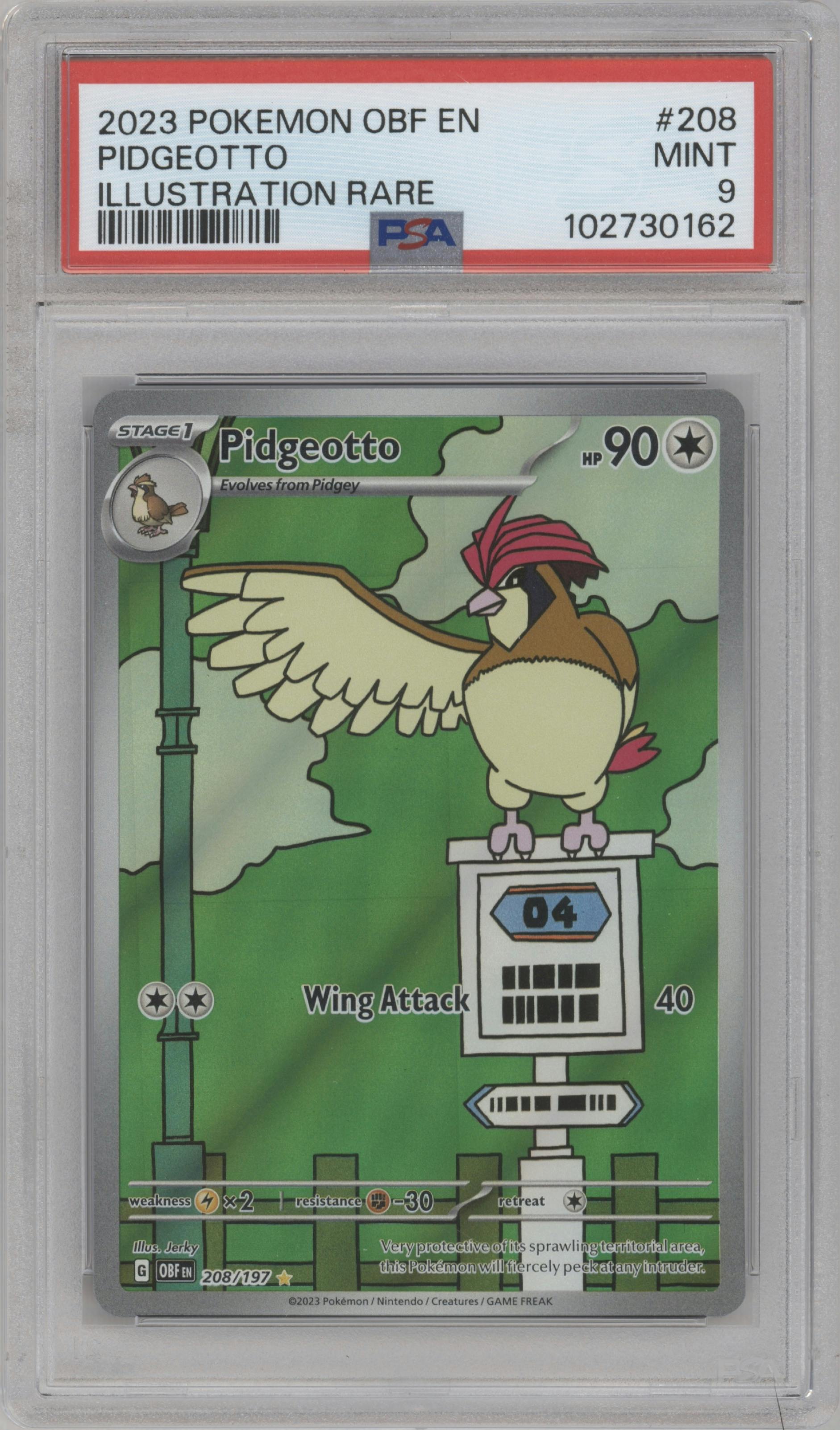 Pidgeotto from the 2023 Pokemon SV set graded by PSA and given an overall grade of 9.