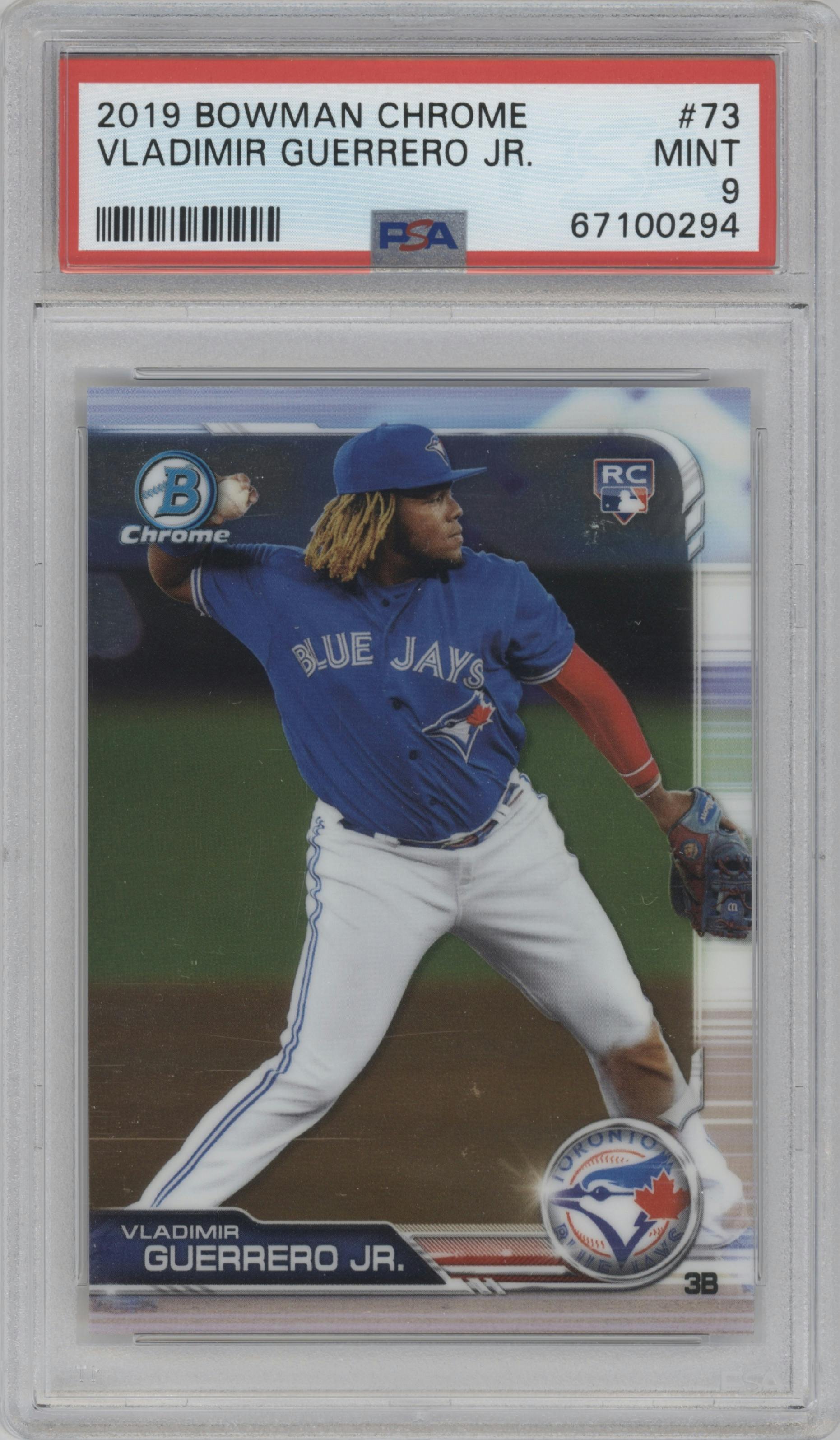 Vladimir Guerrero Jr. from the 2019 Bowman Chrome set graded by PSA and given an overall grade of 9.