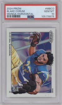 Blake Corum from the 2024 Panini Prizm set graded by PSA and given an overall grade of 10.