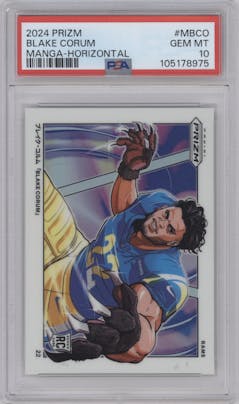 Blake Corum from the 2024 Panini Prizm set graded by PSA and given an overall grade of 10.