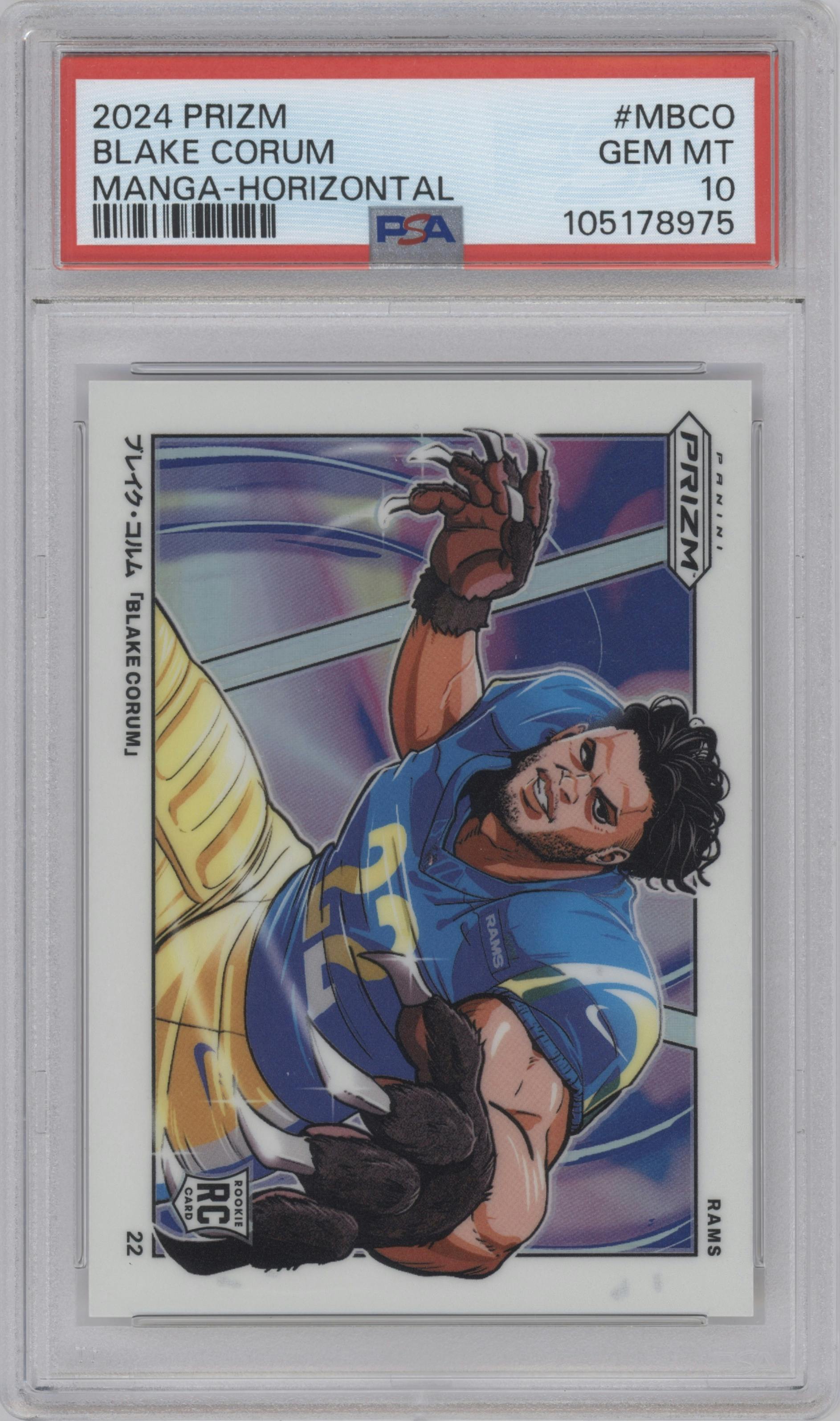 Blake Corum from the 2024 Panini Prizm set graded by PSA and given an overall grade of 10.