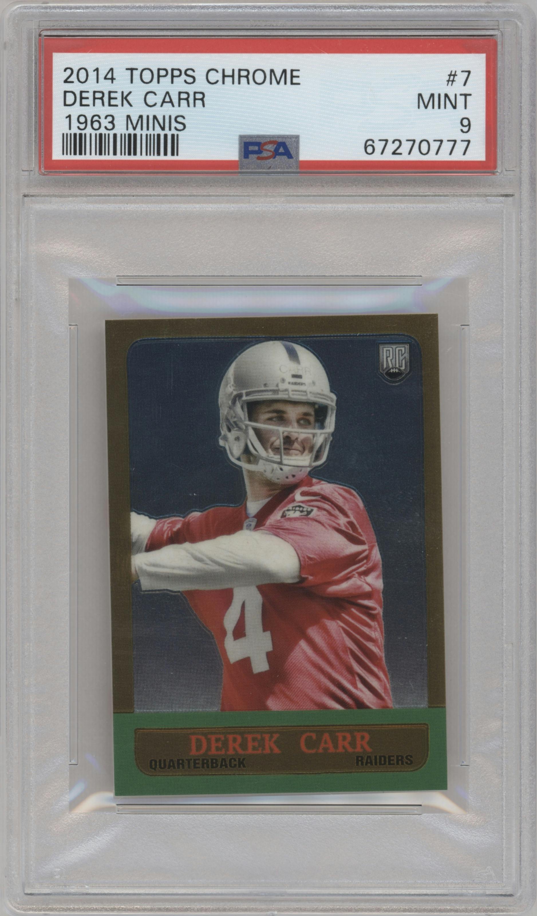 Derek Carr from the 2014 Topps Chrome set graded by PSA and given an overall grade of 9.