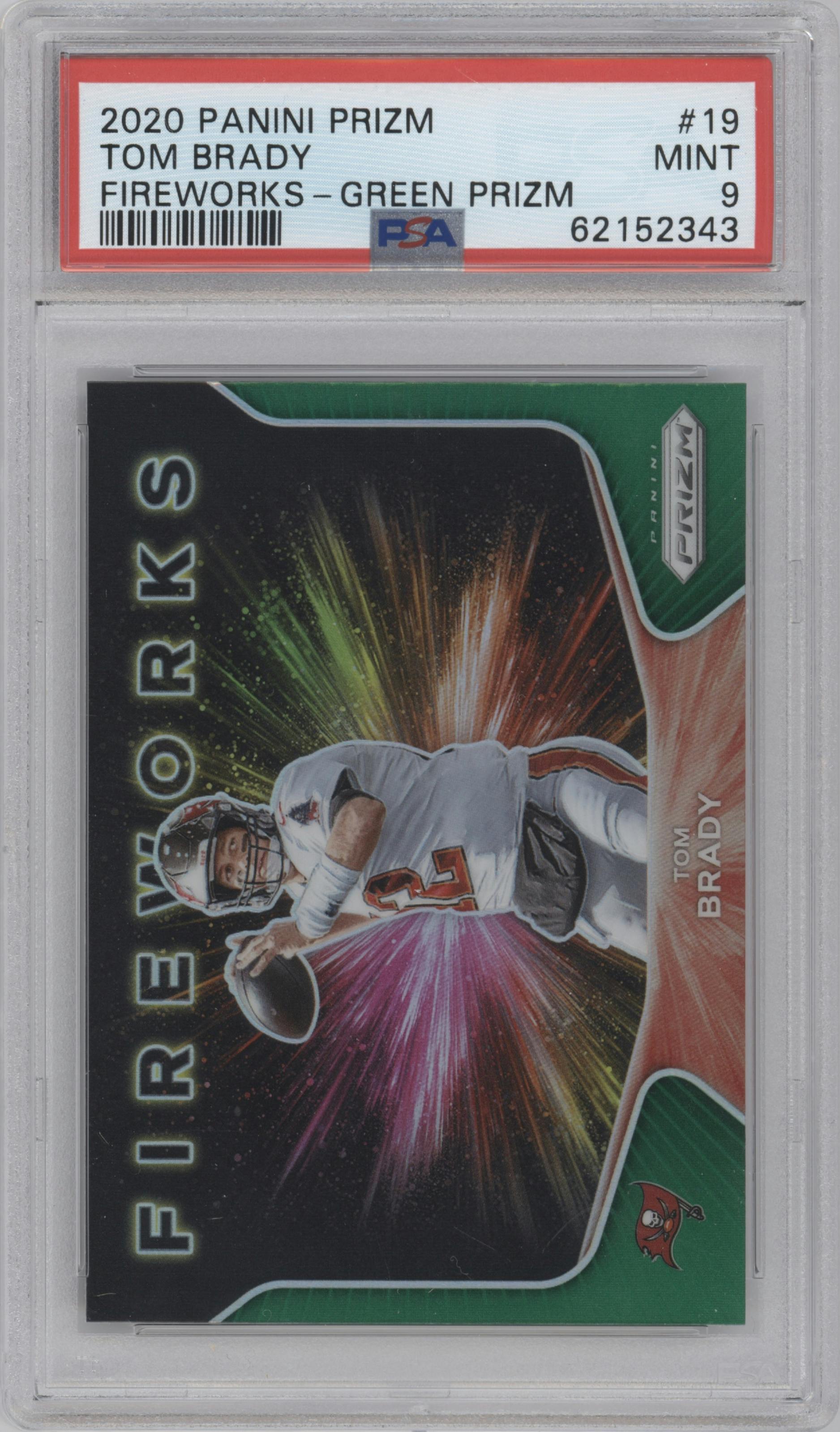 Tom Brady from the 2020 Panini Prizm set featuring a Green Prizm parallel graded by PSA and given an overall grade of 9.
