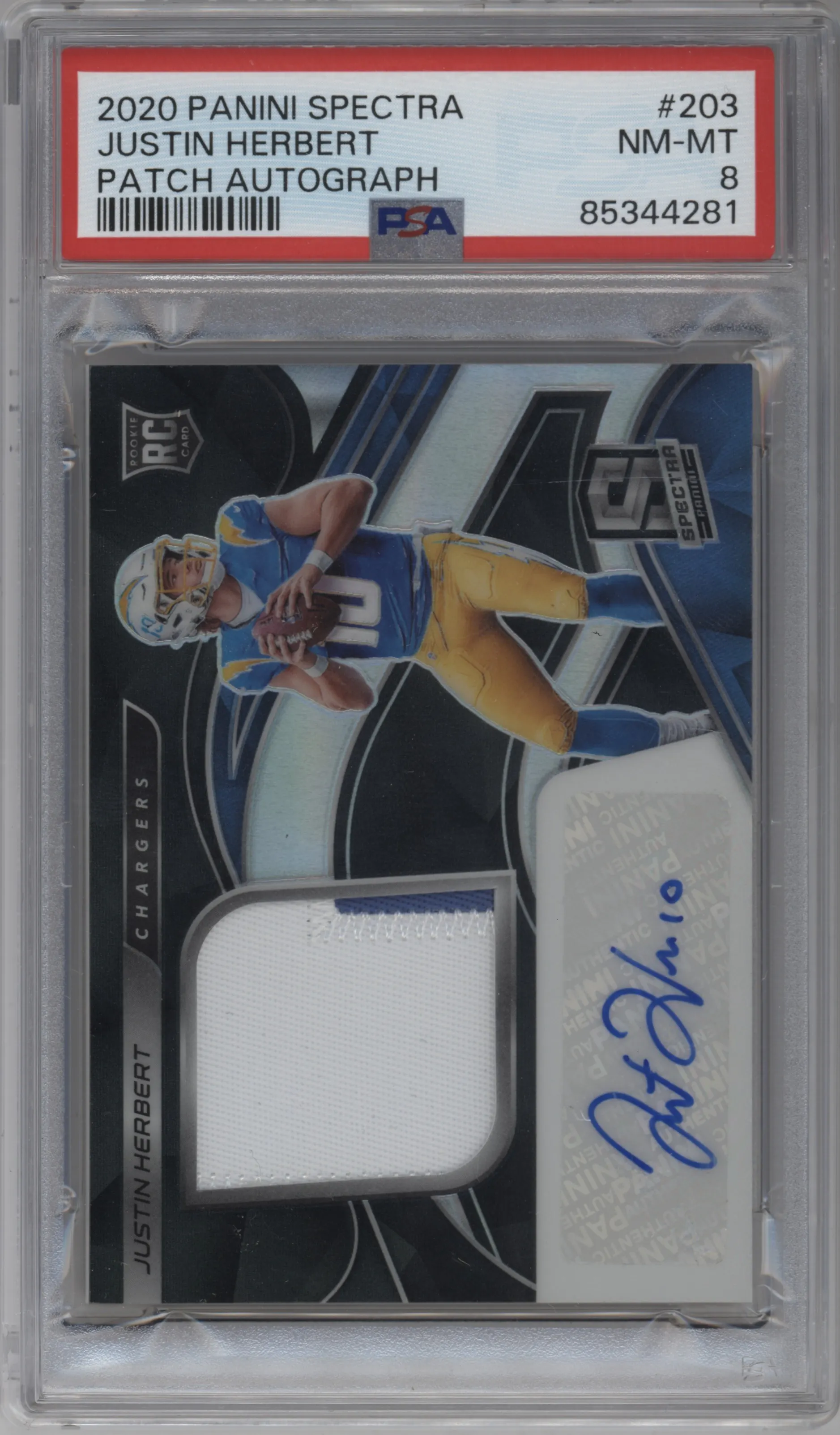2020 Panini Spectra RPA Justin Herbert #203 PSA 8