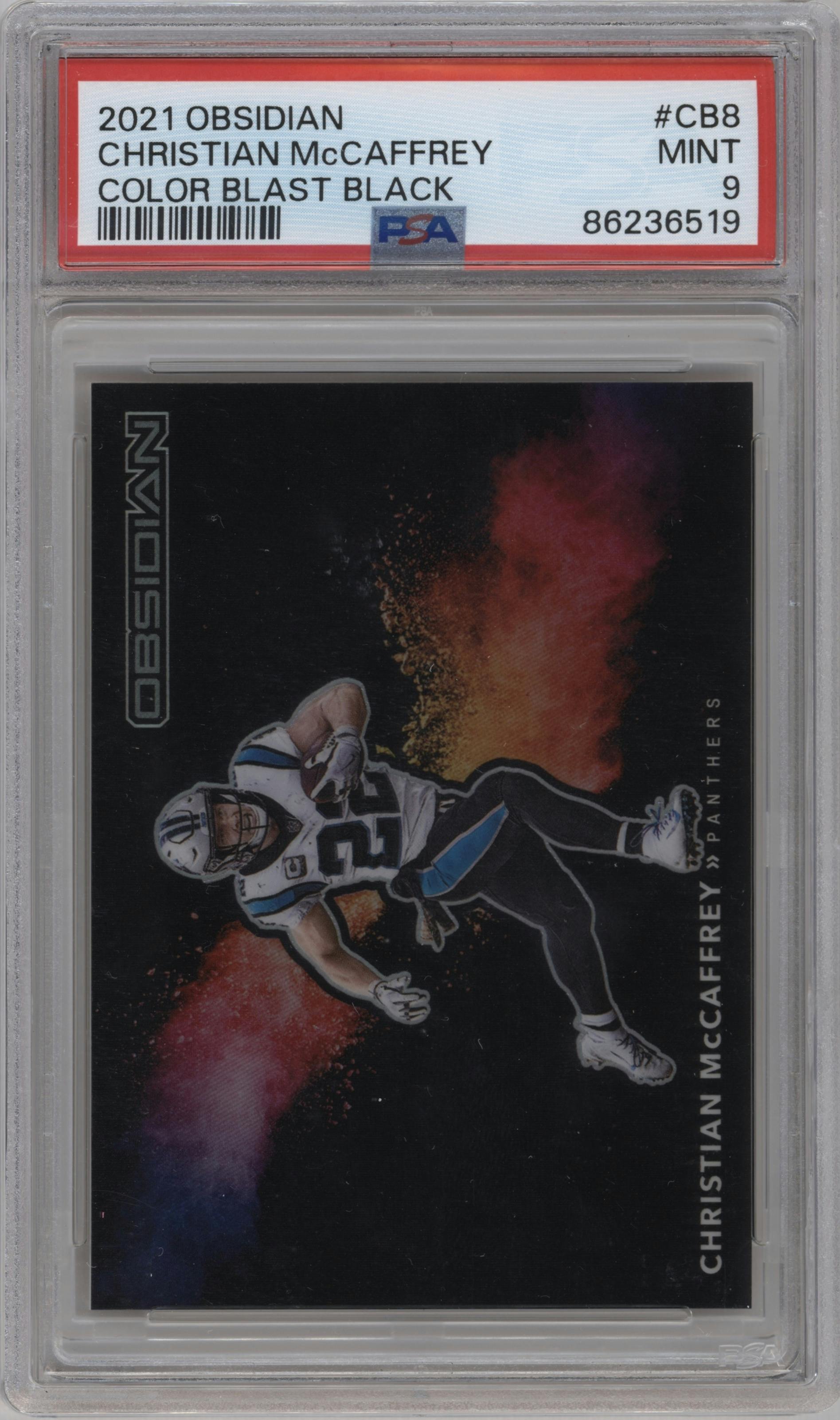 Christian McCaffrey from the 2021 Panini Obsidian set graded by PSA and given an overall grade of 9.