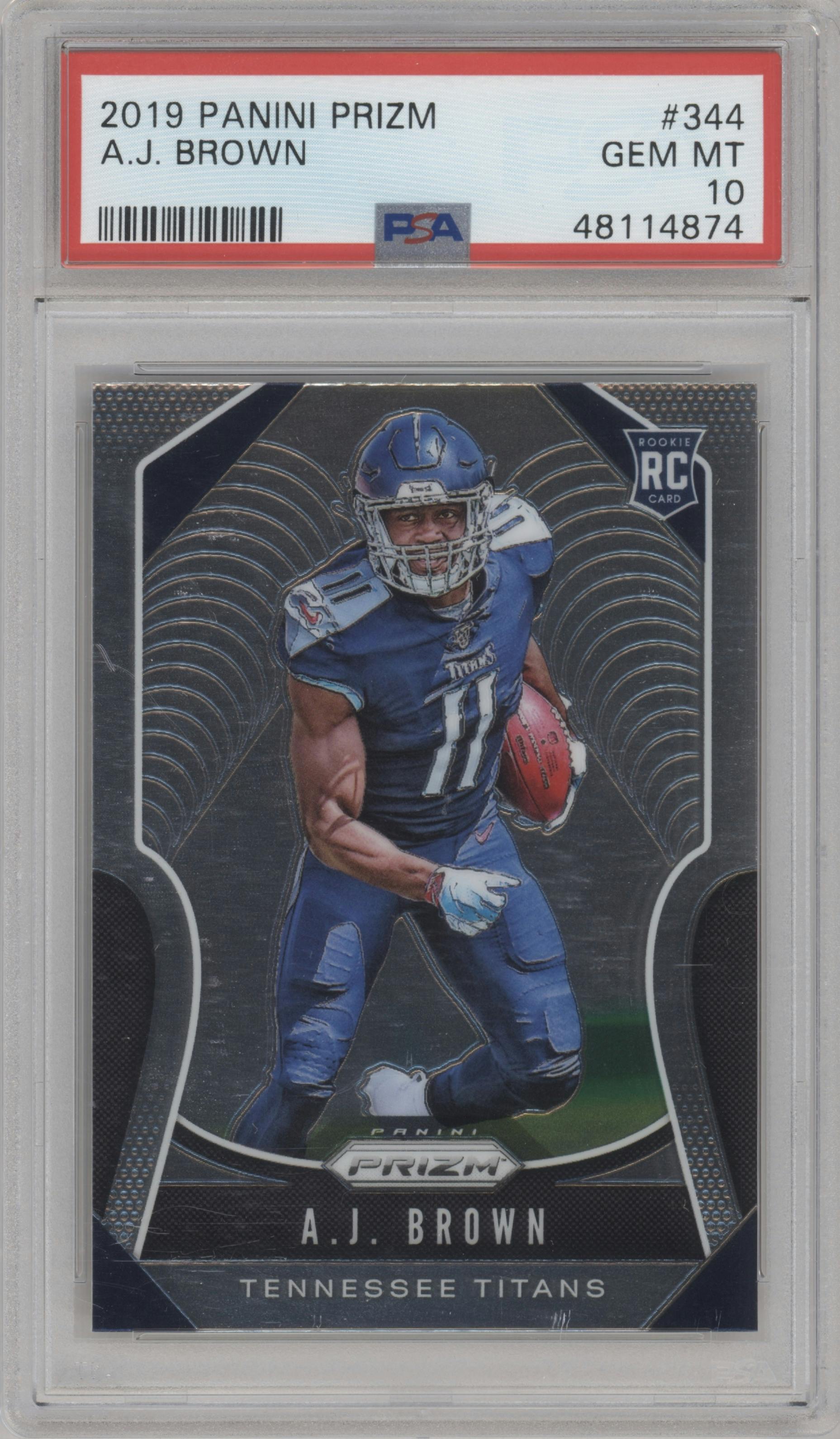 A.J. Brown from the 2019 Panini Prizm set graded by PSA and given an overall grade of 10.