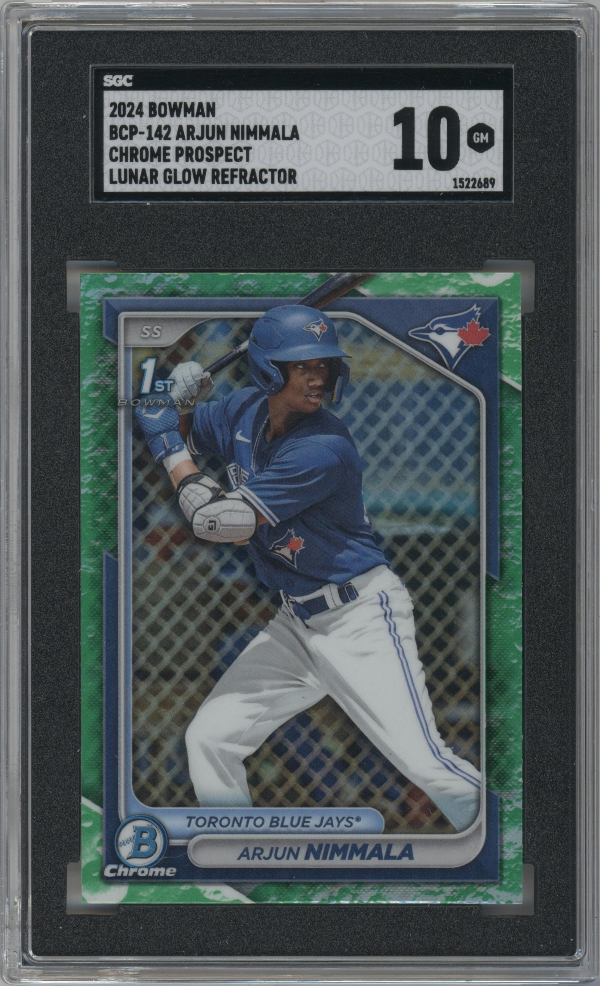 Arjun Nimmala from the 2024 Bowman set featuring a Lunar Glow Refractor parallel graded by SGC and given an overall grade of 10.