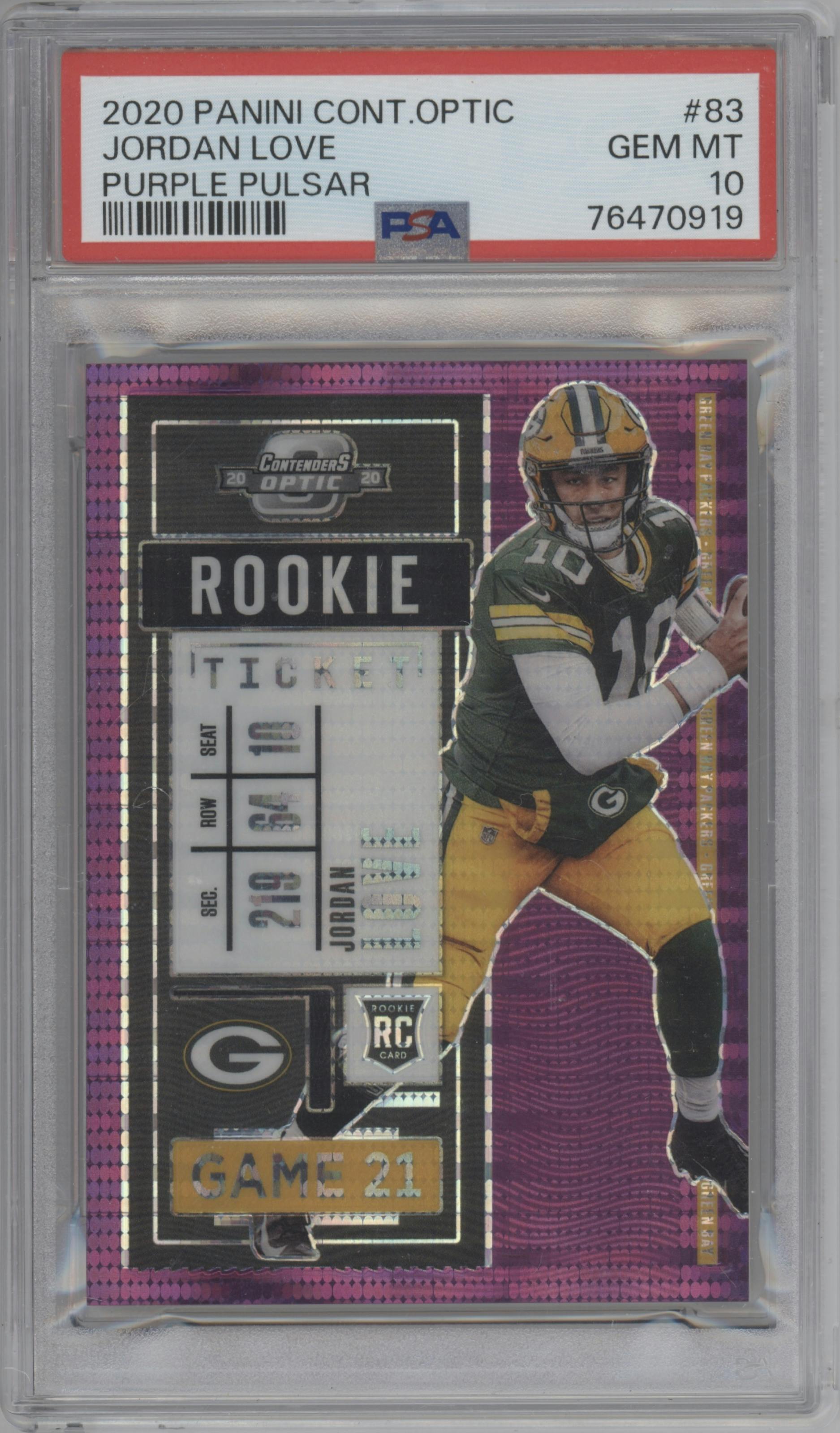 Jordan Love from the 2020 Panini Contenders Optic set featuring a Purple Pulsar parallel graded by PSA and given an overall grade of 10.
