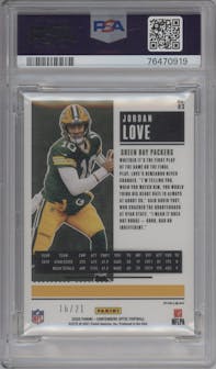 Jordan Love from the 2020 Panini Contenders Optic set featuring a Purple Pulsar parallel graded by PSA and given an overall grade of 10.