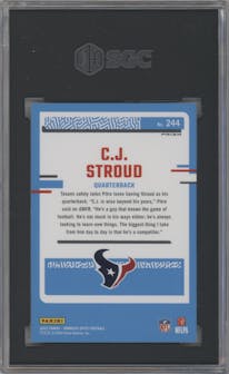 C.J. Stroud from the 2023 Donruss Optic set featuring a Hyper Green parallel graded by SGC and given an overall grade of 9.5.