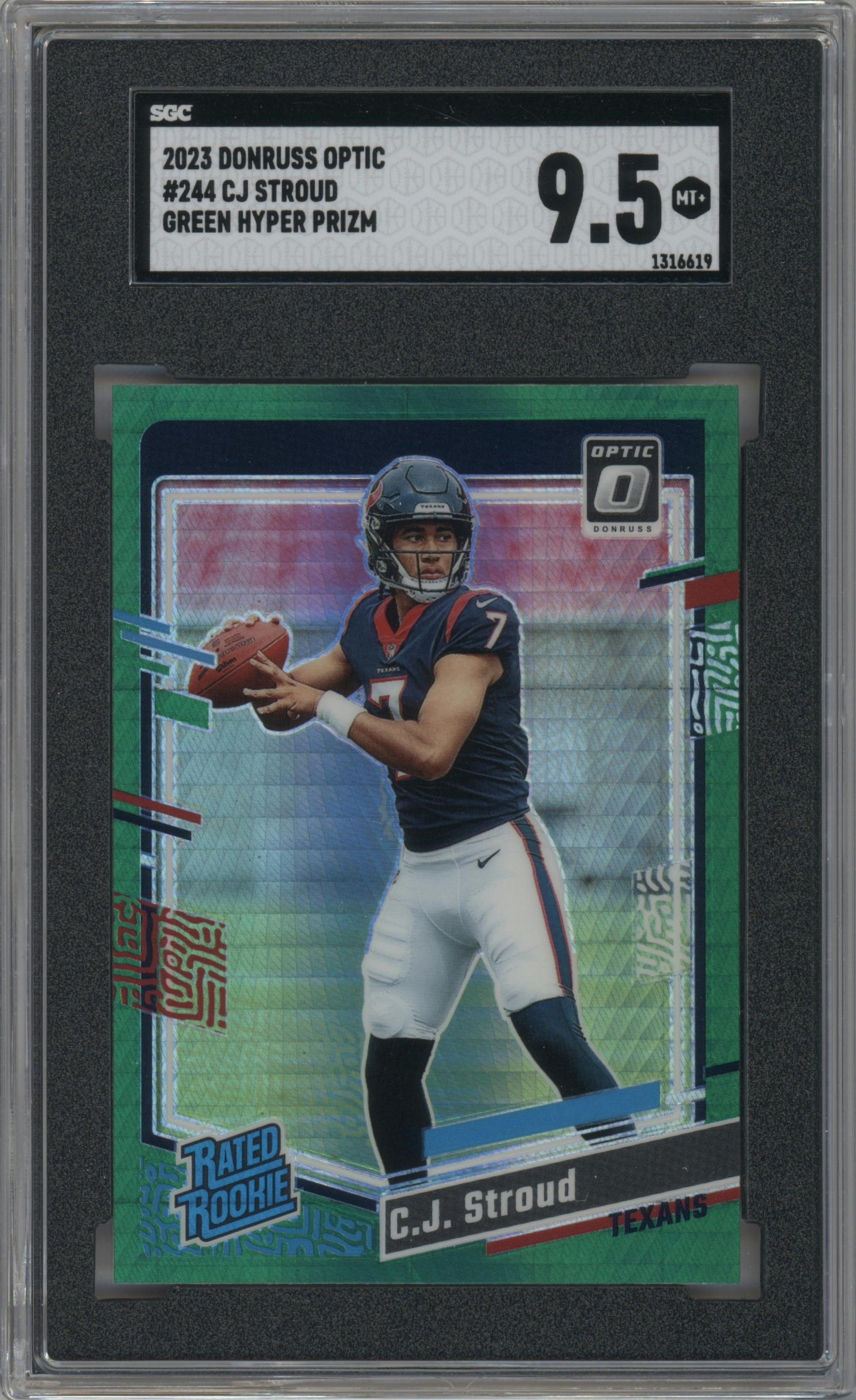 C.J. Stroud from the 2023 Donruss Optic set featuring a Hyper Green parallel graded by SGC and given an overall grade of 9.5.