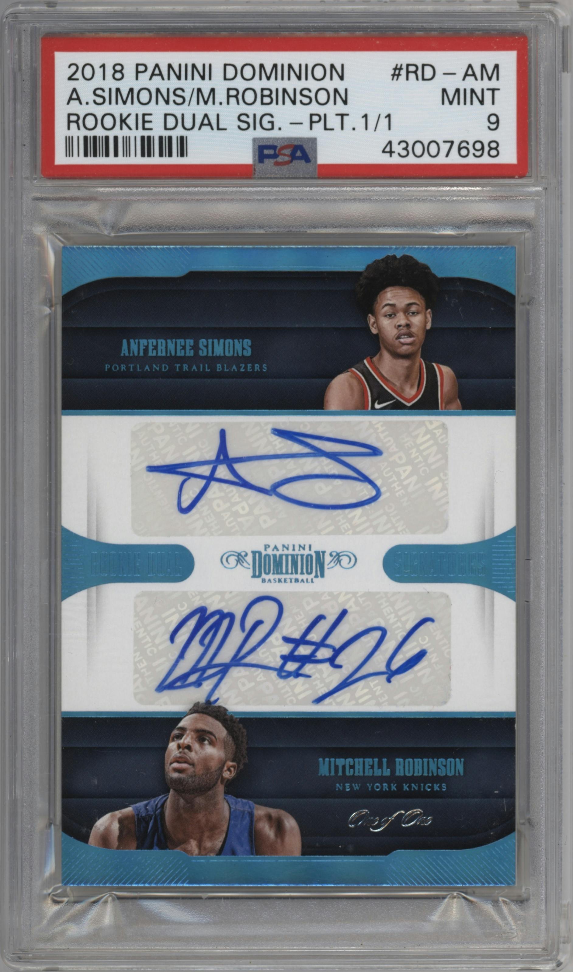 Anfernee Simons / Mitchell Robinson from the 2018-19 Panini Dominion set featuring a Platinum parallel graded by PSA and given an overall grade of 9.
